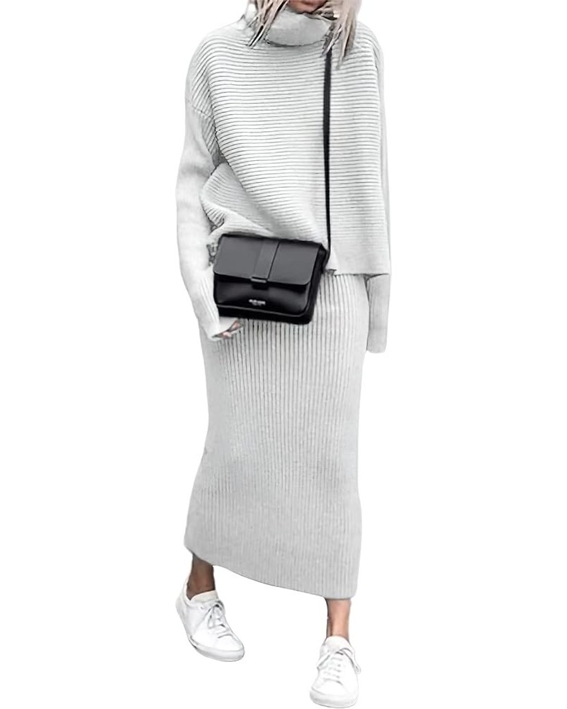 Womens Ribbed Knit Sweater Outfits Casual Loose 2 Piece Turtleneck Pullovers Elastic Waist Maxi Skirt Sets White $19.46 Sweaters