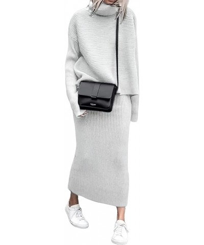 Womens Ribbed Knit Sweater Outfits Casual Loose 2 Piece Turtleneck Pullovers Elastic Waist Maxi Skirt Sets White $19.46 Sweaters