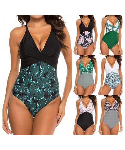 Swimsuits for Women One Piece,Women's One-Piece Swimsuit Tropical Print Tummy Control Plus Size Swimwear Halter Bathing Suit ...