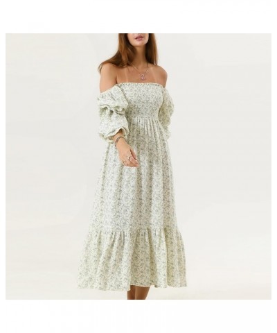 Women Bohemian Floral Puff Sleeve Long Dress Elegant Square Neck Embroidered A Line Maxi Dress Swing Tiered Dress K-green Flo...