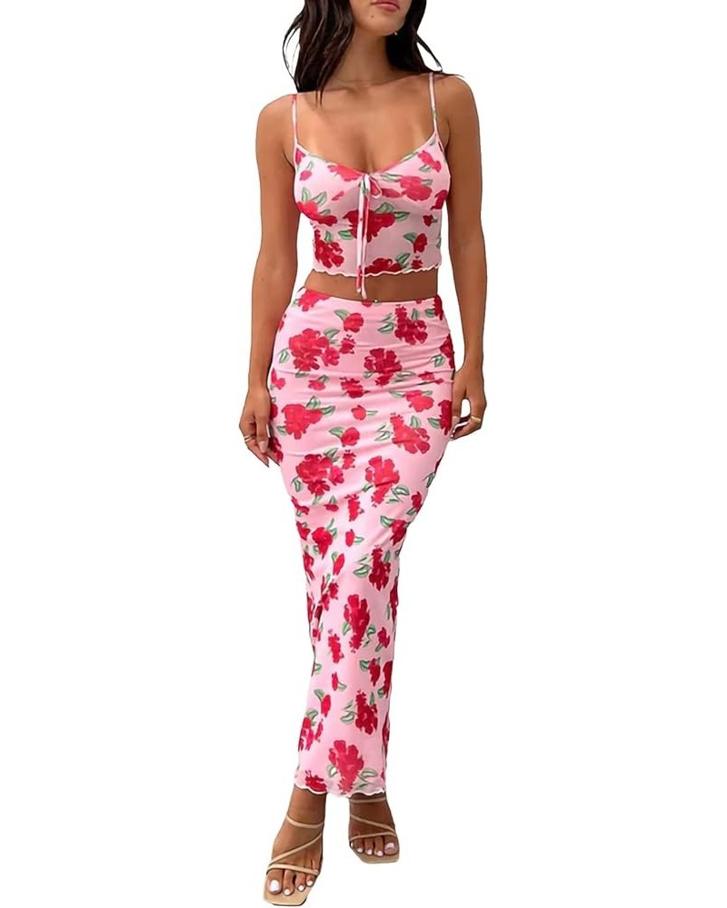 Women Two Piece Maxi Skirt Set Y2K Cami Crop Top and Long Skirt Set Sexy Party Cocktail Floral Maxi Skirt Set Pink-red Flower...