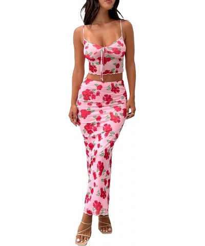 Women Two Piece Maxi Skirt Set Y2K Cami Crop Top and Long Skirt Set Sexy Party Cocktail Floral Maxi Skirt Set Pink-red Flower...