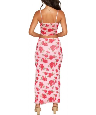 Women Two Piece Maxi Skirt Set Y2K Cami Crop Top and Long Skirt Set Sexy Party Cocktail Floral Maxi Skirt Set Pink-red Flower...