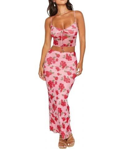 Women Two Piece Maxi Skirt Set Y2K Cami Crop Top and Long Skirt Set Sexy Party Cocktail Floral Maxi Skirt Set Pink-red Flower...