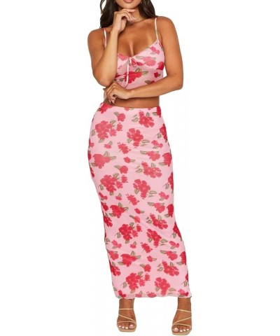 Women Two Piece Maxi Skirt Set Y2K Cami Crop Top and Long Skirt Set Sexy Party Cocktail Floral Maxi Skirt Set Pink-red Flower...