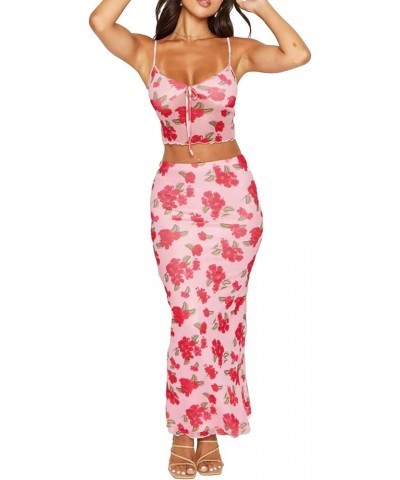 Women Two Piece Maxi Skirt Set Y2K Cami Crop Top and Long Skirt Set Sexy Party Cocktail Floral Maxi Skirt Set Pink-red Flower...