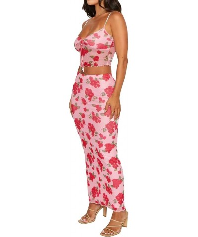 Women Two Piece Maxi Skirt Set Y2K Cami Crop Top and Long Skirt Set Sexy Party Cocktail Floral Maxi Skirt Set Pink-red Flower...