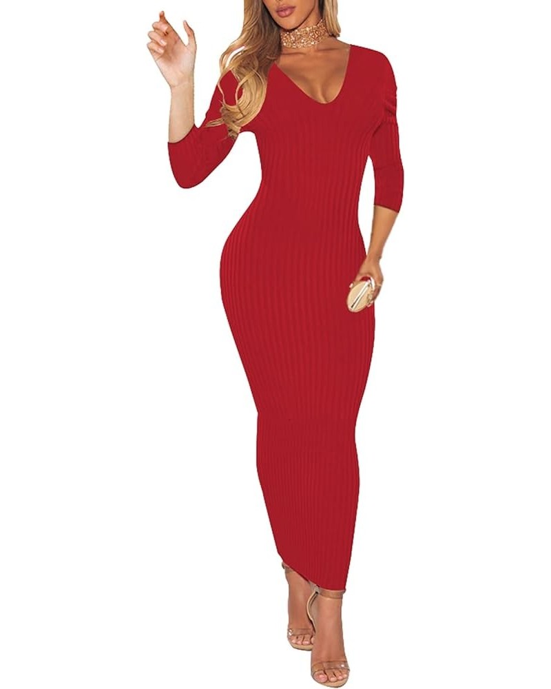 Women's Sexy Off Shoulder Long Sleeve Slim Knit Bodycon Ribbed Sweater Dresses Pencil Long Dress B8753red $18.62 Dresses