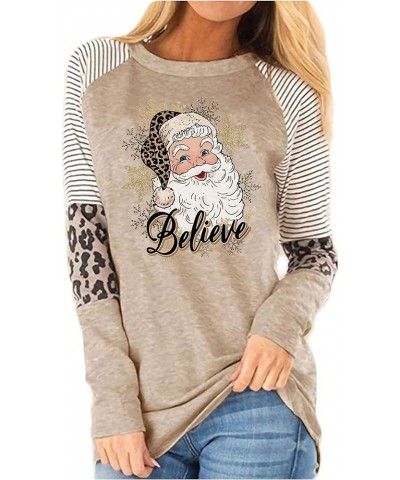 Christmas Snowman Leopard Tunic for Women Color Block Casual Long Sleeve Striped Blouse Round Neck Pullover T Shirt Tops Beli...