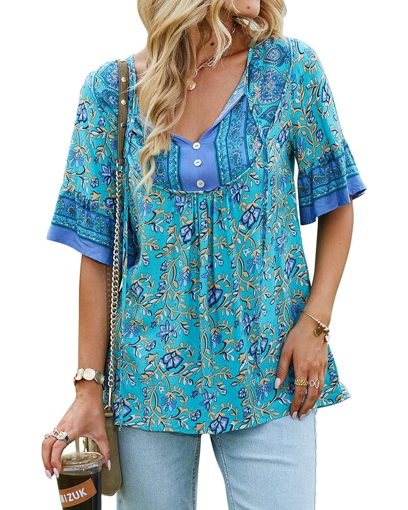 Women's Casual Boho V Neck Top Loose Floral Printed Long Sleeve Beach Shirts Blouses Green-021 $19.76 Tops