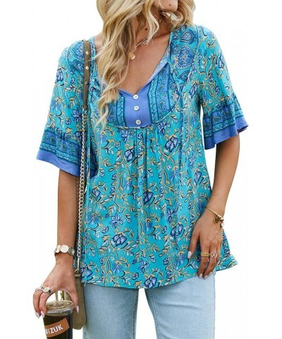 Women's Casual Boho V Neck Top Loose Floral Printed Long Sleeve Beach Shirts Blouses Green-021 $19.76 Tops