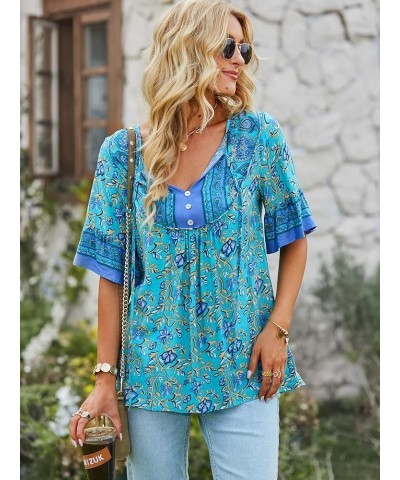 Women's Casual Boho V Neck Top Loose Floral Printed Long Sleeve Beach Shirts Blouses Green-021 $19.76 Tops