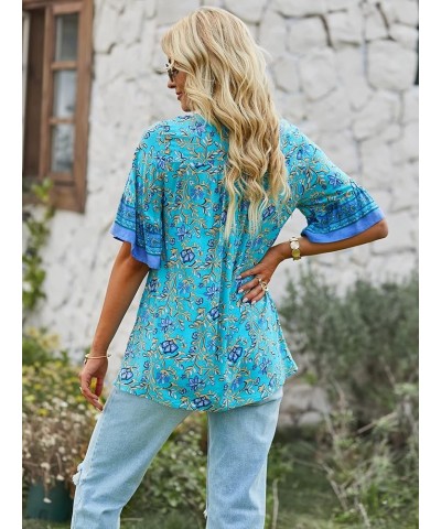 Women's Casual Boho V Neck Top Loose Floral Printed Long Sleeve Beach Shirts Blouses Green-021 $19.76 Tops