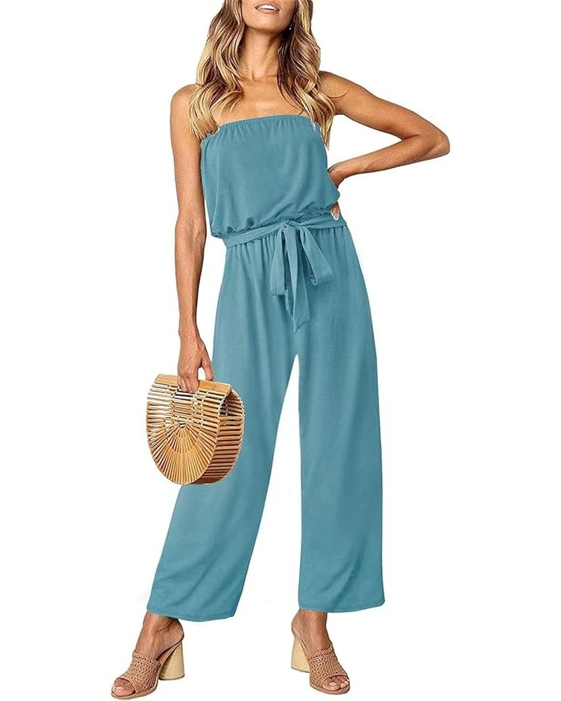 Women's 2024 Casual Off Shoulder Solid Color Strapless Belted Wide Leg Jumpsuit Romper Sage $26.50 Rompers