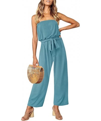 Women's 2024 Casual Off Shoulder Solid Color Strapless Belted Wide Leg Jumpsuit Romper Sage $26.50 Rompers