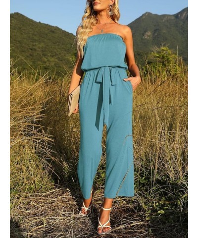 Women's 2024 Casual Off Shoulder Solid Color Strapless Belted Wide Leg Jumpsuit Romper Sage $26.50 Rompers