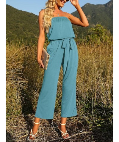 Women's 2024 Casual Off Shoulder Solid Color Strapless Belted Wide Leg Jumpsuit Romper Sage $26.50 Rompers