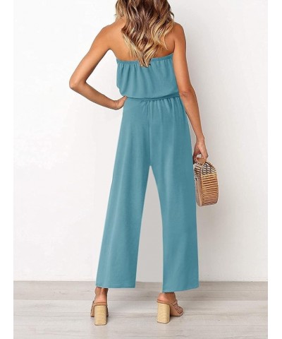 Women's 2024 Casual Off Shoulder Solid Color Strapless Belted Wide Leg Jumpsuit Romper Sage $26.50 Rompers