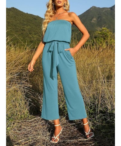 Women's 2024 Casual Off Shoulder Solid Color Strapless Belted Wide Leg Jumpsuit Romper Sage $26.50 Rompers