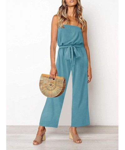 Women's 2024 Casual Off Shoulder Solid Color Strapless Belted Wide Leg Jumpsuit Romper Sage $26.50 Rompers