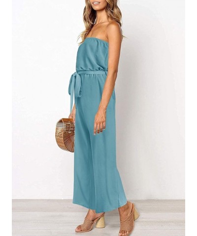 Women's 2024 Casual Off Shoulder Solid Color Strapless Belted Wide Leg Jumpsuit Romper Sage $26.50 Rompers