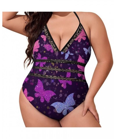 Women Plus Size One Piece Swimsuit 3D Printed Bikini V Neck Halter Plunge Monokini Mesh Hollow Bathing Suit Black-33 $13.67 S...