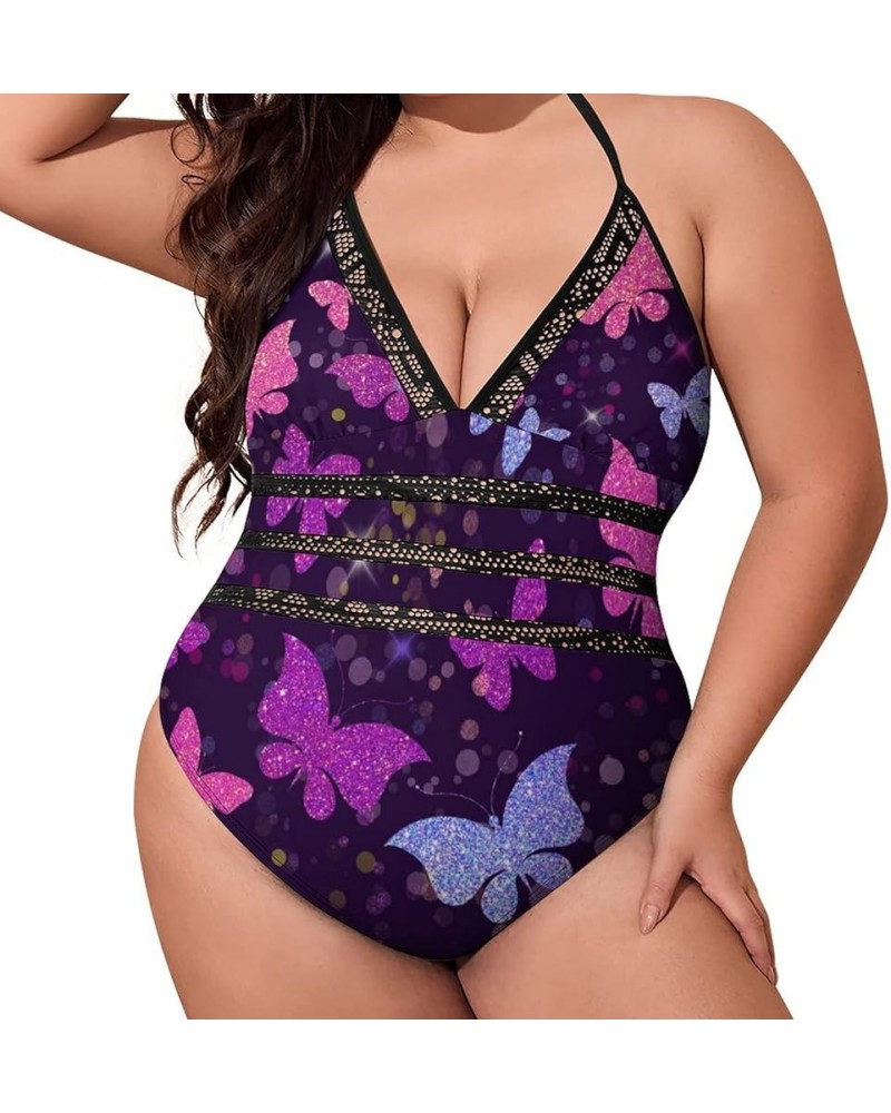 Women Plus Size One Piece Swimsuit 3D Printed Bikini V Neck Halter Plunge Monokini Mesh Hollow Bathing Suit Black-33 $13.67 S...