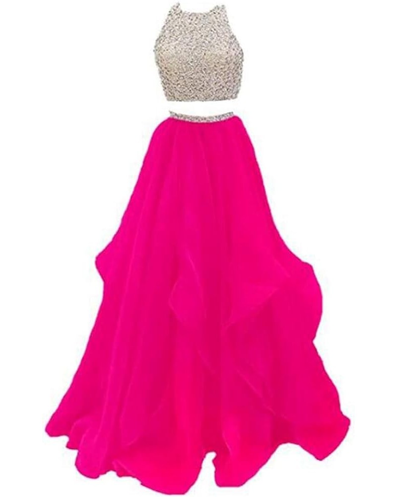 Women's Beaded 2 Pieces Prom Dresses Long Layered Evening Gowns Fuchsia $40.80 Dresses