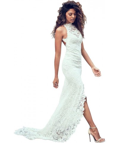 Women's Boho Lace Wedding Dresses for Bride Backless High Slit Beach Wedding Gown Ivroy $37.50 Dresses