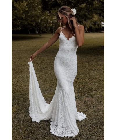 Women's Boho Lace Wedding Dresses for Bride Backless High Slit Beach Wedding Gown Ivroy $37.50 Dresses