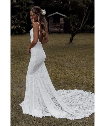 Women's Boho Lace Wedding Dresses for Bride Backless High Slit Beach Wedding Gown Ivroy $37.50 Dresses