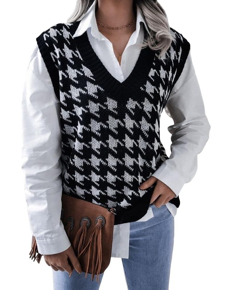 Women's Oversized Houndstooth Sweater Vest V Neck Loose Knit Sleeveless Pullover Tank Top Casual Black $16.31 Sweaters