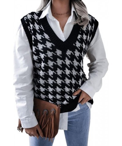 Women's Oversized Houndstooth Sweater Vest V Neck Loose Knit Sleeveless Pullover Tank Top Casual Black $16.31 Sweaters