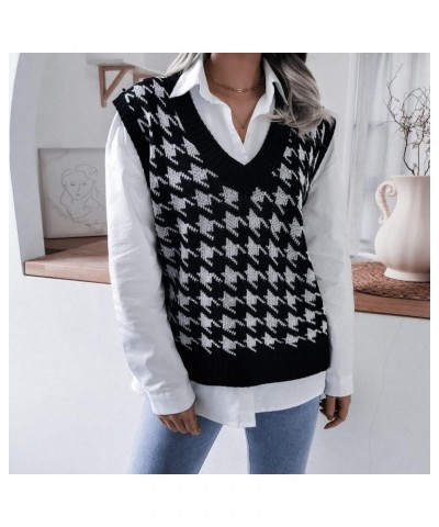 Women's Oversized Houndstooth Sweater Vest V Neck Loose Knit Sleeveless Pullover Tank Top Casual Black $16.31 Sweaters