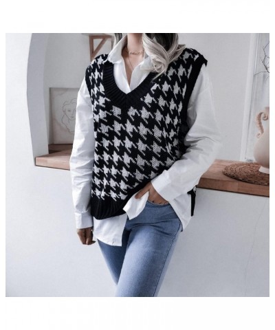 Women's Oversized Houndstooth Sweater Vest V Neck Loose Knit Sleeveless Pullover Tank Top Casual Black $16.31 Sweaters