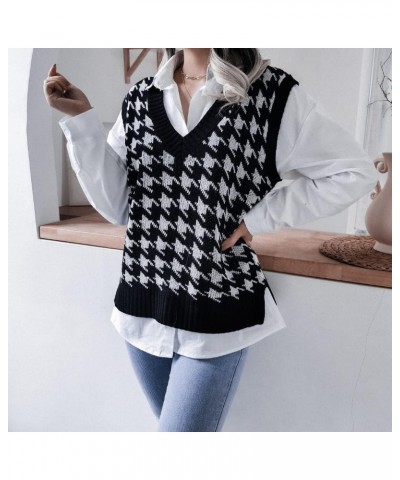 Women's Oversized Houndstooth Sweater Vest V Neck Loose Knit Sleeveless Pullover Tank Top Casual Black $16.31 Sweaters