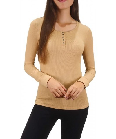 Women's Long Sleeve Waffle Knit Stretch Cotton Thermal Underwear Shirt Scoop Neck Tan $10.78 Underwear