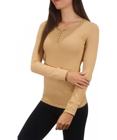 Women's Long Sleeve Waffle Knit Stretch Cotton Thermal Underwear Shirt Scoop Neck Tan $10.78 Underwear