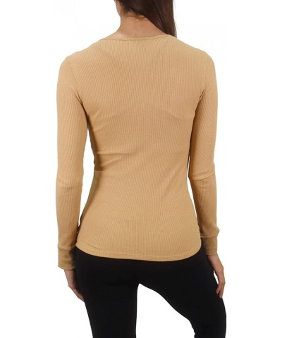 Women's Long Sleeve Waffle Knit Stretch Cotton Thermal Underwear Shirt Scoop Neck Tan $10.78 Underwear