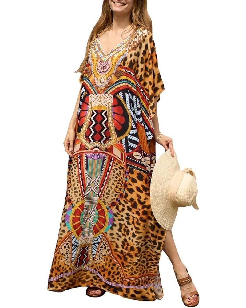 Women Casual Beach Kaftan Dress Short Sleeve Loungewear Caftan Swimsuit Cover Up K-leopard Print Brown $16.45 Swimsuits