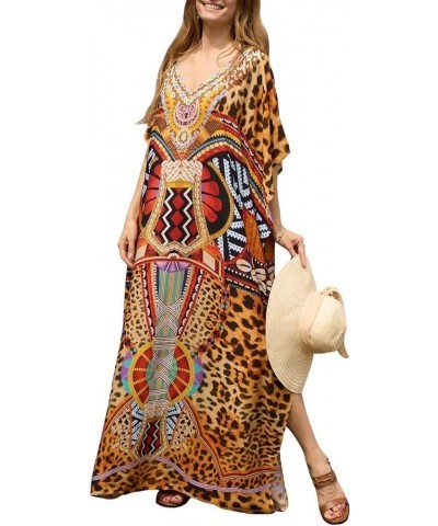 Women Casual Beach Kaftan Dress Short Sleeve Loungewear Caftan Swimsuit Cover Up K-leopard Print Brown $16.45 Swimsuits