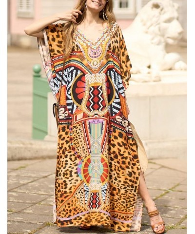 Women Casual Beach Kaftan Dress Short Sleeve Loungewear Caftan Swimsuit Cover Up K-leopard Print Brown $16.45 Swimsuits