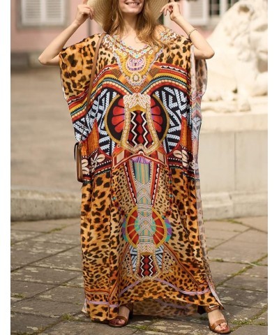 Women Casual Beach Kaftan Dress Short Sleeve Loungewear Caftan Swimsuit Cover Up K-leopard Print Brown $16.45 Swimsuits