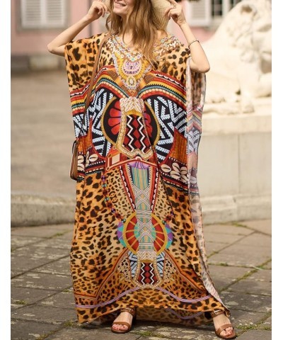 Women Casual Beach Kaftan Dress Short Sleeve Loungewear Caftan Swimsuit Cover Up K-leopard Print Brown $16.45 Swimsuits