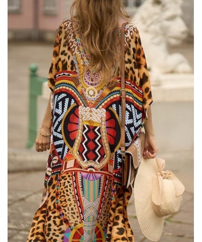 Women Casual Beach Kaftan Dress Short Sleeve Loungewear Caftan Swimsuit Cover Up K-leopard Print Brown $16.45 Swimsuits