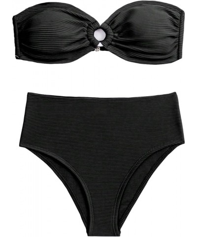 Women's 2 Piece Strapless O Ring High Cut Bandeau Swimsuit Bathing Suit Bikini Sets Black High Waist $9.27 Swimsuits