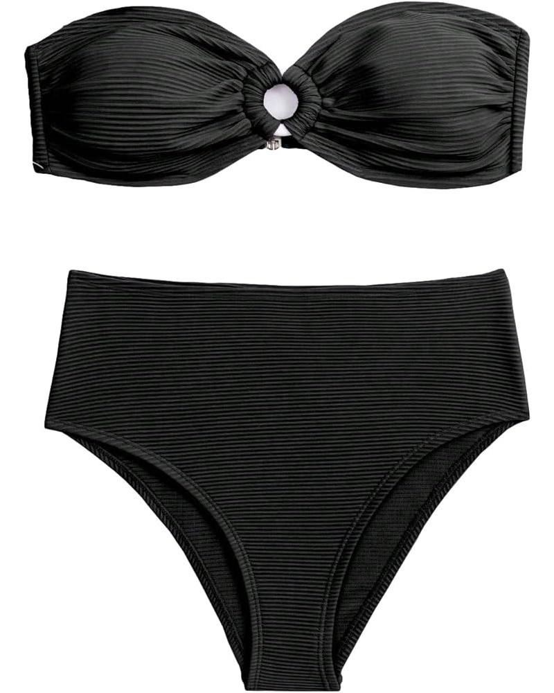 Women's 2 Piece Strapless O Ring High Cut Bandeau Swimsuit Bathing Suit Bikini Sets Black High Waist $9.27 Swimsuits