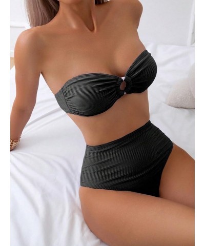 Women's 2 Piece Strapless O Ring High Cut Bandeau Swimsuit Bathing Suit Bikini Sets Black High Waist $9.27 Swimsuits