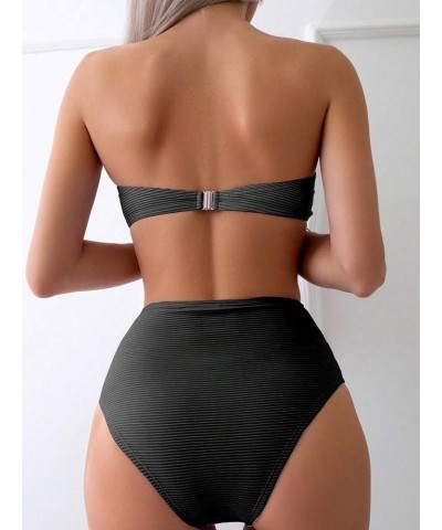 Women's 2 Piece Strapless O Ring High Cut Bandeau Swimsuit Bathing Suit Bikini Sets Black High Waist $9.27 Swimsuits