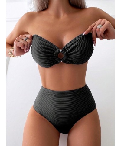 Women's 2 Piece Strapless O Ring High Cut Bandeau Swimsuit Bathing Suit Bikini Sets Black High Waist $9.27 Swimsuits